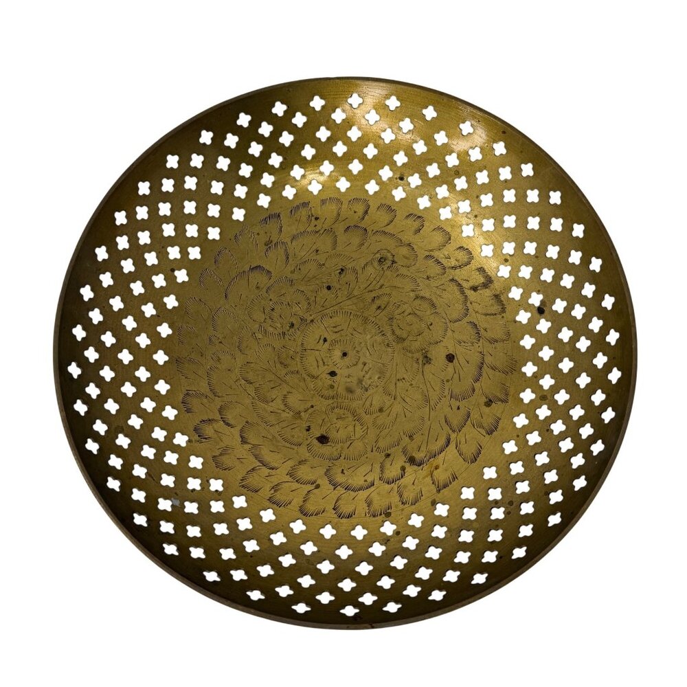Vintage Pierced Brass Bowl Floral Cutout Decorative Dish Heavy Brass‎